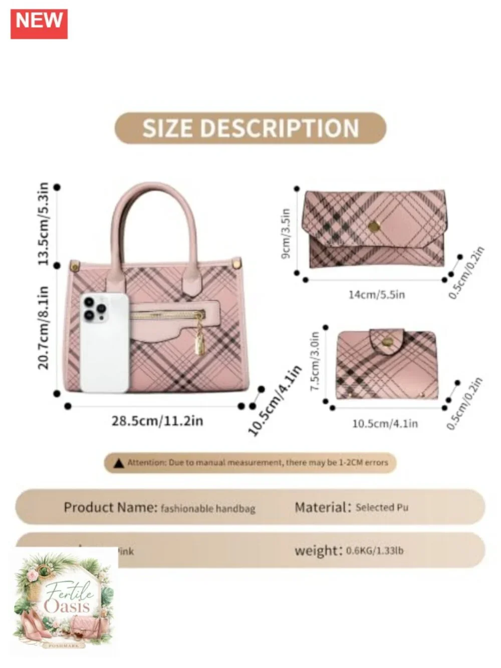 Women's Satchel Handbag Set with Wallet & Cardholder, PU Leather, Checkered,